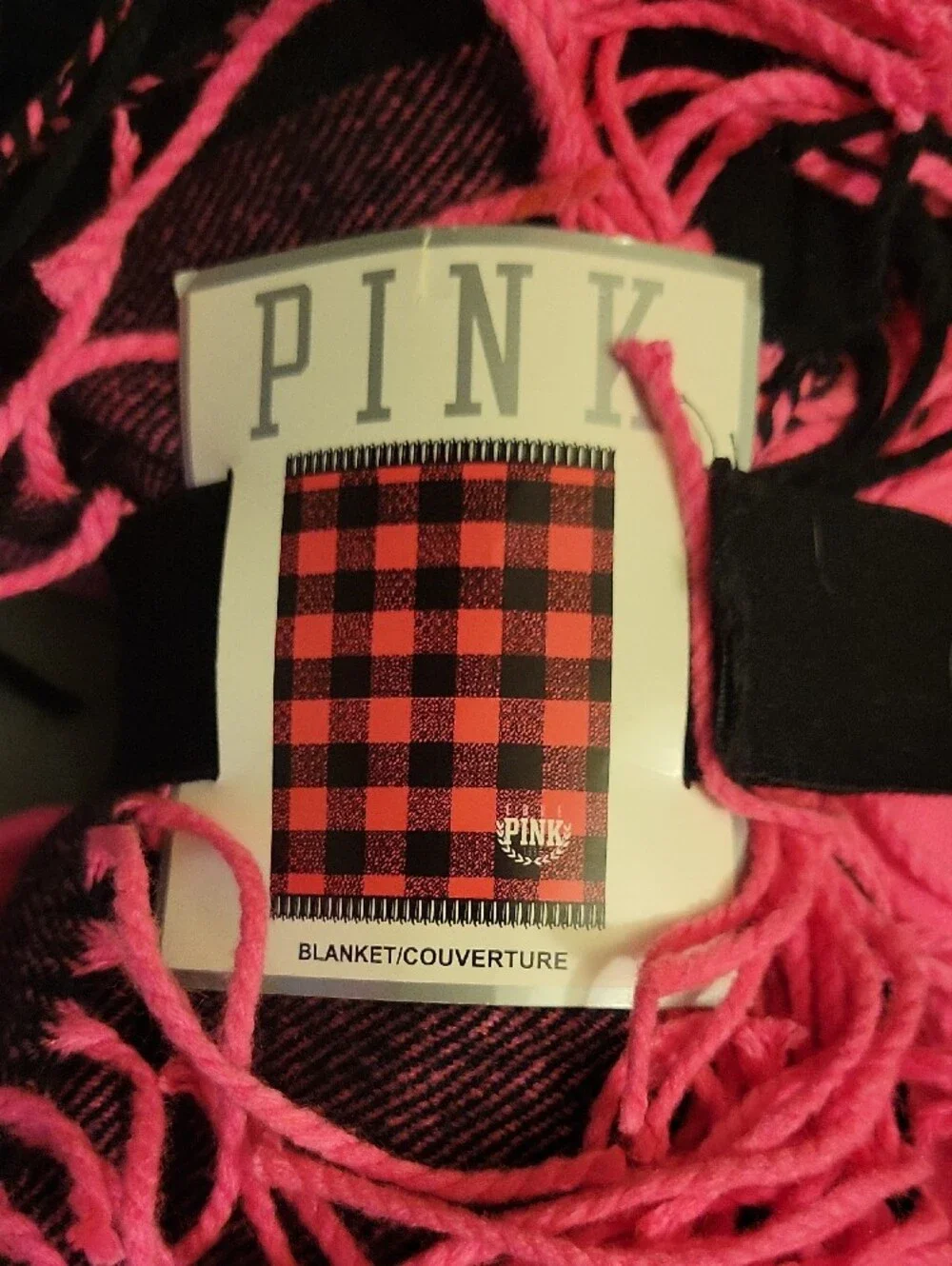 PINK Victoria's Secret Black & Hot Pink Fringe Throw Blanket